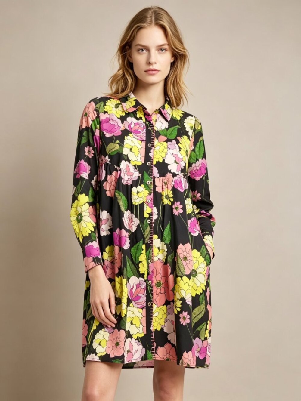 NWOT Johnny Was 100% Cotton Margarita Floral Mini Shirtdress Size L Long sleeve